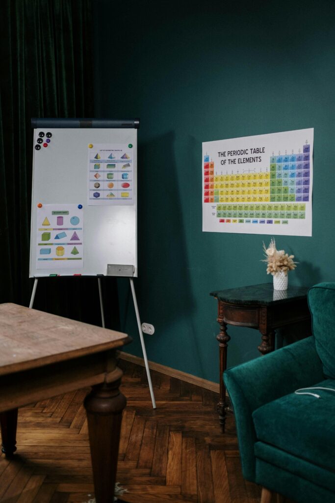 Educational space with periodic table and charts on a flipchart, ideal for learning and teaching.